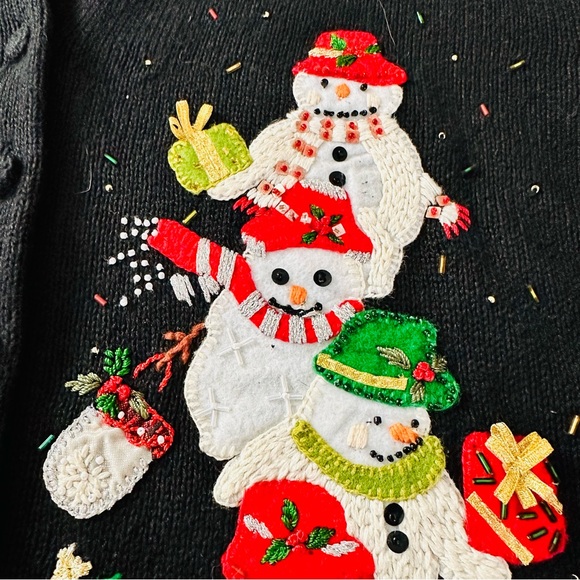 Vintage Y2K Tiara Intl Black Holiday Cardigan Sweater with Snowmen Size XL 2002 - Picture 7 of 9